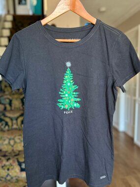 NWT Life is Good Peace Christmas Tree T Shirt Short Sleeved Black Womens Size M